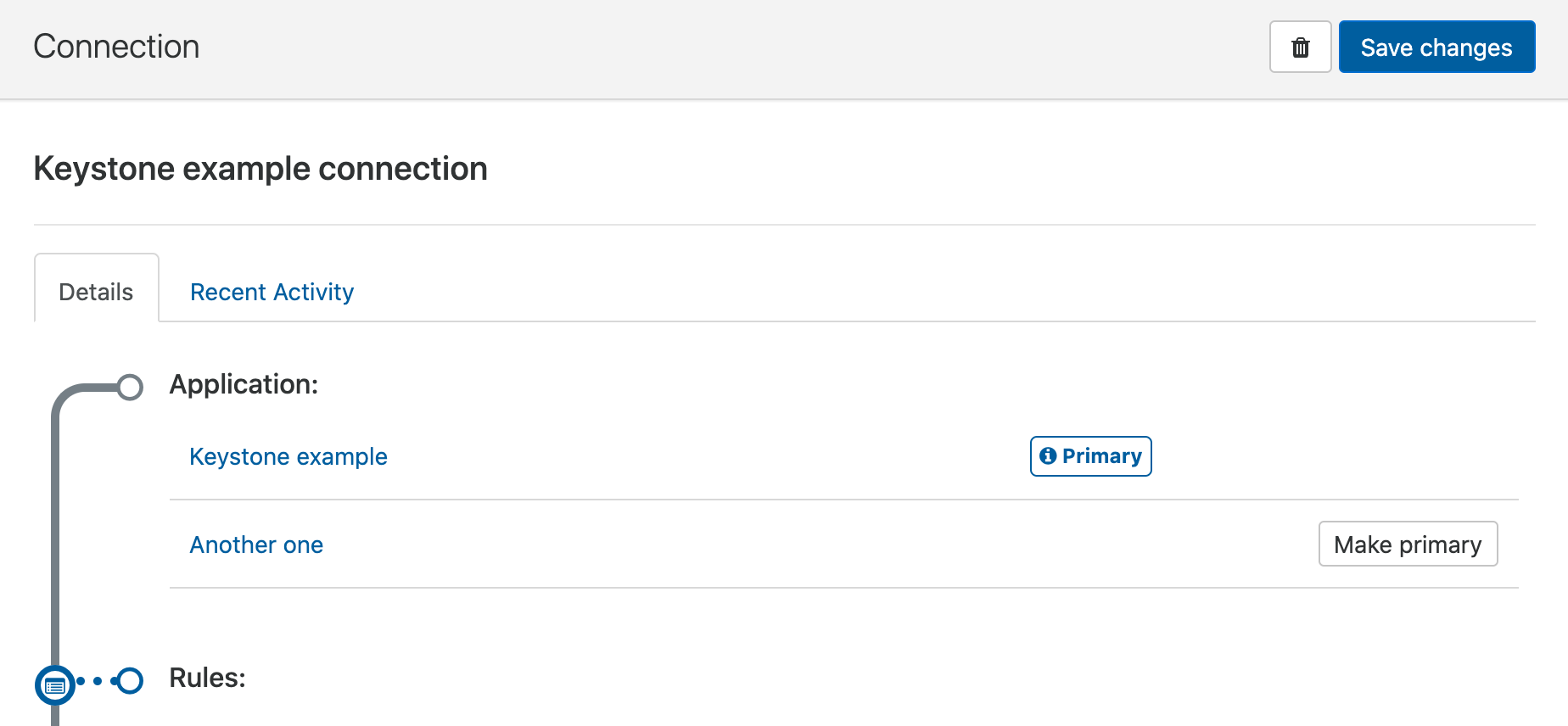 Screenshot. Details tab of a connection called 'Keystone example connection', showing the list of applications belonging to the connection. At the top of the page is a button labeled 'Save changes'.