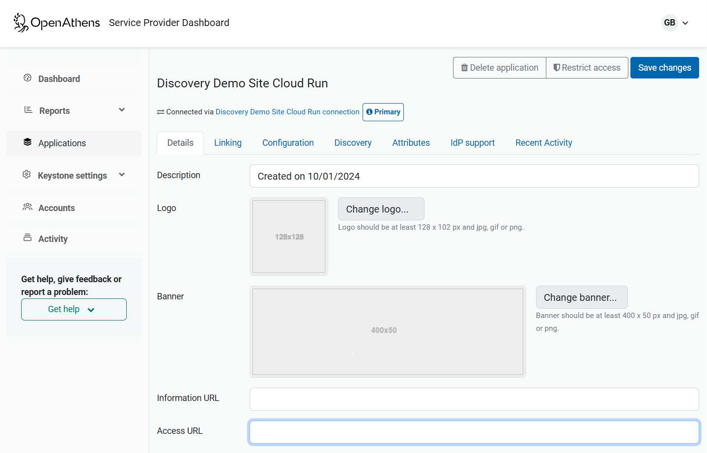 Details tab of an application. It shows the fields 'Description', 'Logo', 'Banner', 'Information URL' and 'Access URL'. The field 'Access URL' is highlighted.