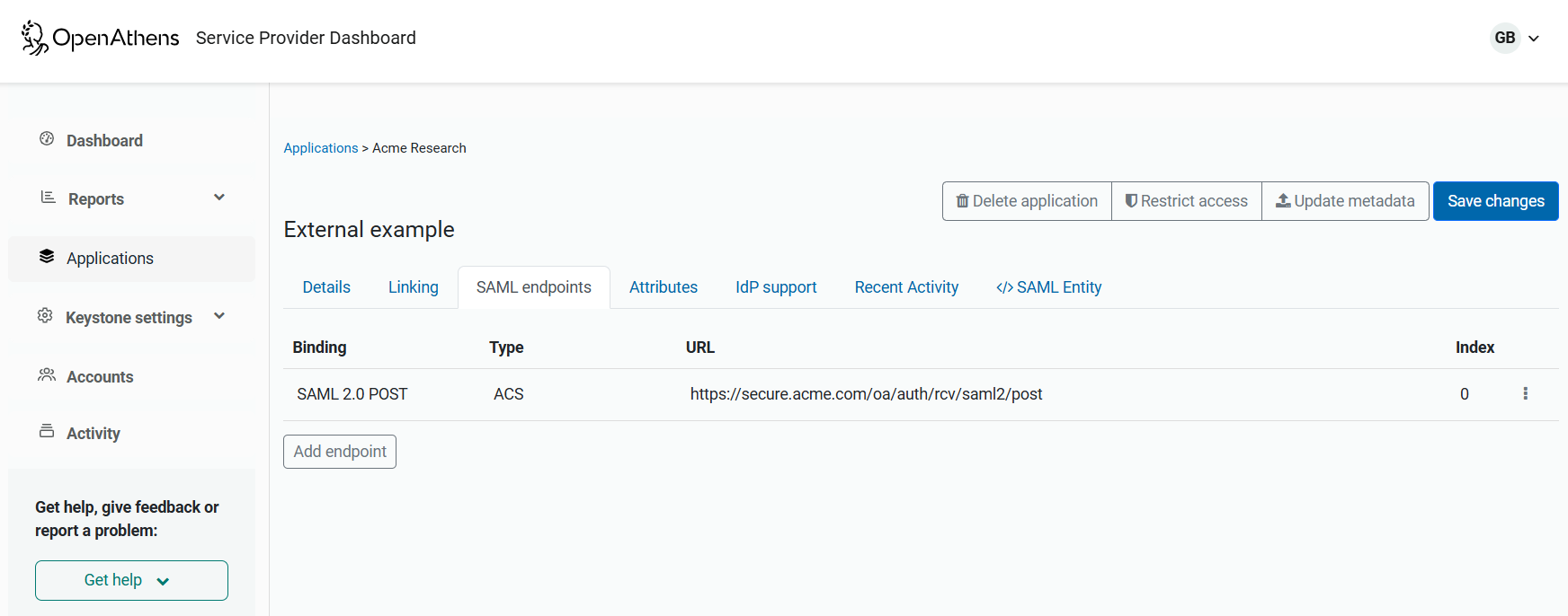 'SAML endpoints' tab of an external application, showing details of an endpoint and the option to add an endpoint.