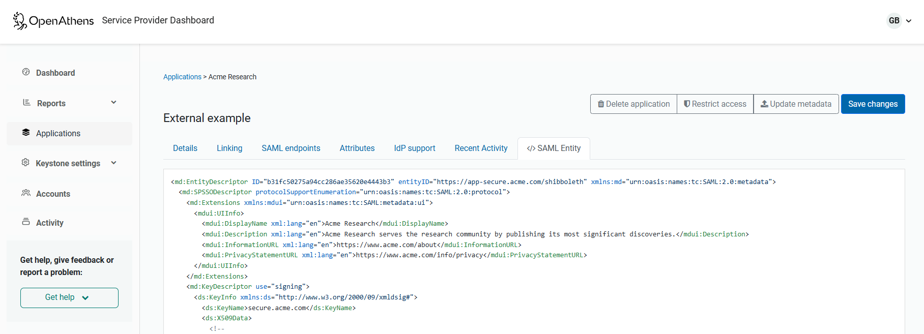 'SAML entity' tab of an external application, showing details of the entity in XML format.