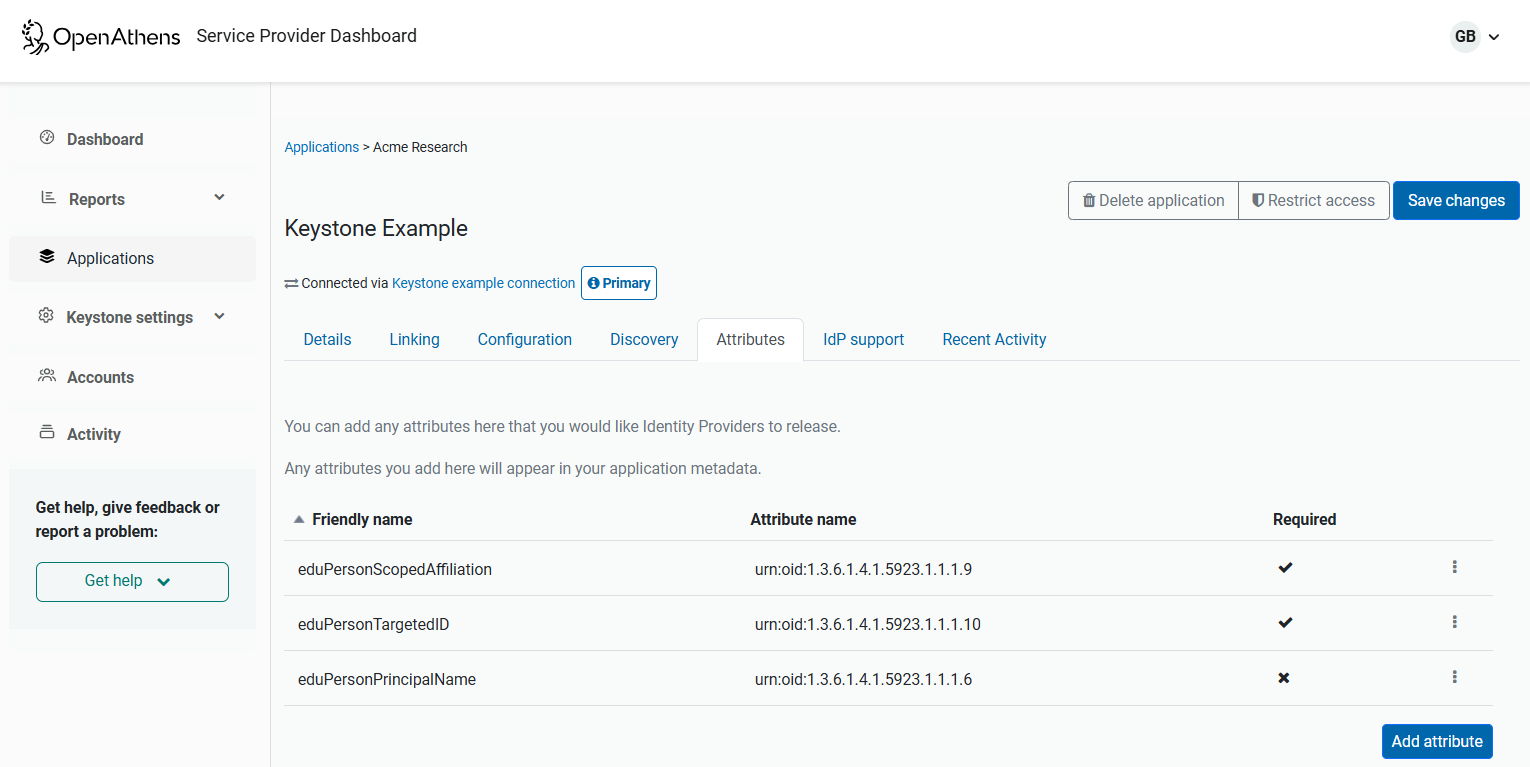 'Attributes' tab of an example Keystone application, showing two required attributes and one optional attribute.