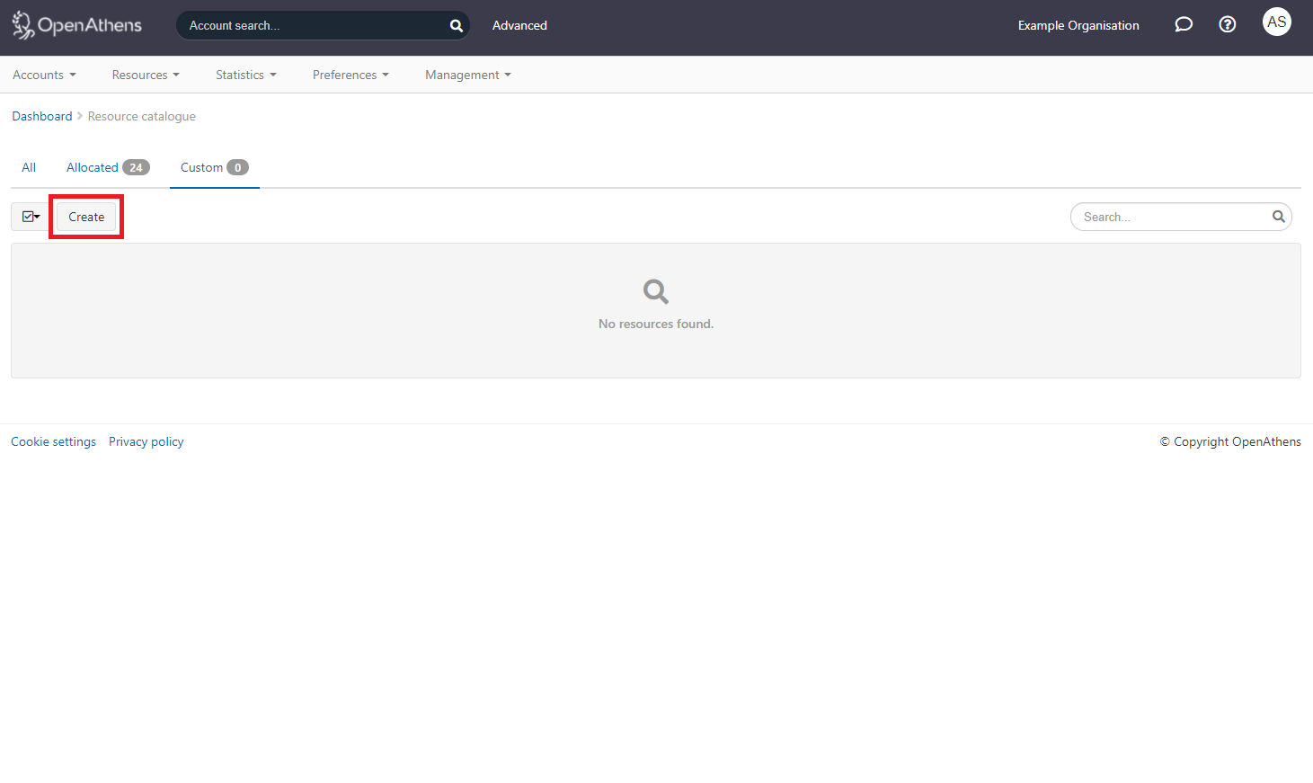 Custom resources page, showing no current resources and a button labeled 'Create'.