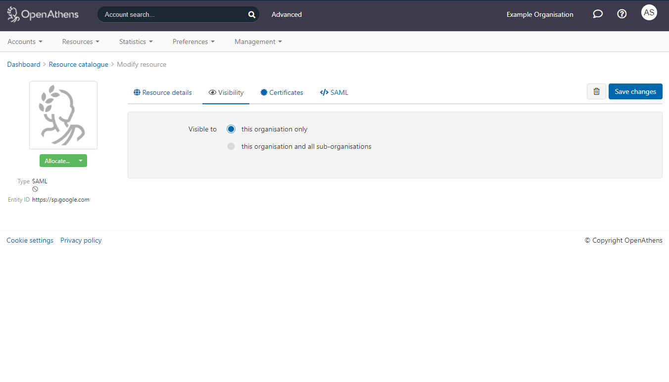 Visibility tab of a SAML resource. The setting 'Visible to' can be set either to 'this organization only' or to 'this organization and all sub-organizations'. At the top of the page is a button labeled 'Save changes'.