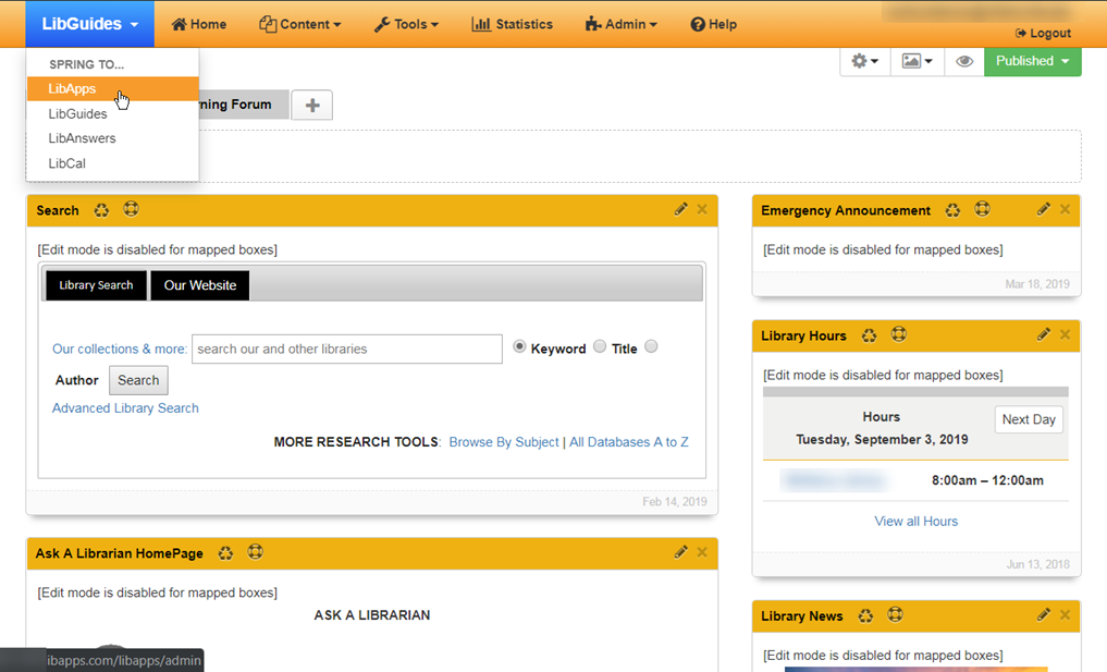 Main menu in the portal. A drop-down selector called 'Spring to...' shows the options 'LibApps', 'LibGuides', 'LibAnswers' and 'LibCal'. 'LibApps' is highlighted.