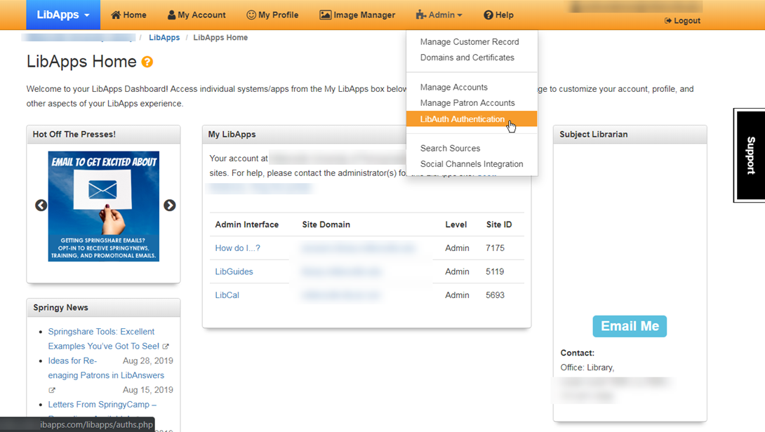 LibApps home page. In the main menu, the top-level menu item 'Admin' is expanded to show the second-level menu options - 'Manage Customer Record', 'Domains and Certificates', 'Manage Accounts', 'Manage Patron Accounts', 'LibAuth Authentication', 'Search Sources' and 'Social Channels Integration'. 'LibAuth Authentication' is highlighted.