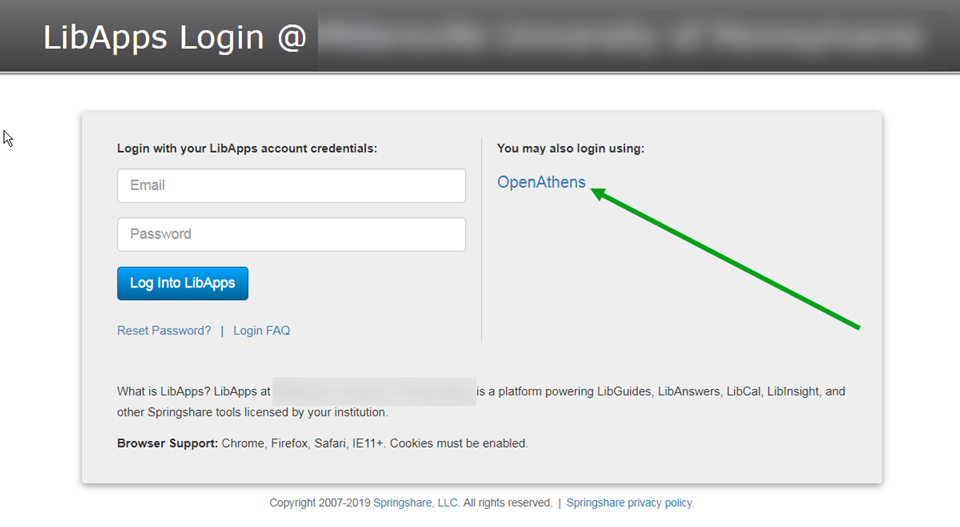 Screen headed 'LibApps Login'. There are options to log in with a LibApps email address and password or to log in using OpenAthens.