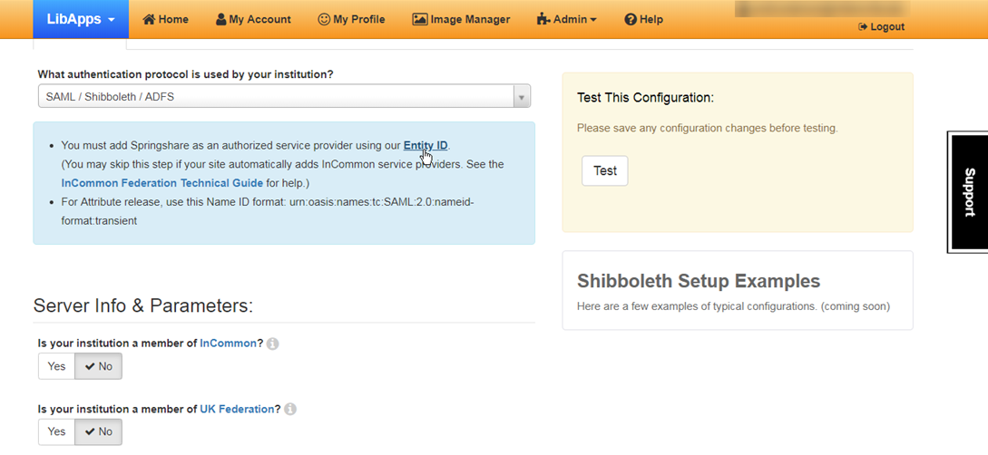 The selector 'What authentication protocol is used by your institution' has been set to 'SAML, Shibboleth, ADFS'. Following that is some info text and a group of parameters that can be set to 'yes' or 'no' - 'Is your institution a member of InCommon' and 'Is your institution a member of UK Federation'.