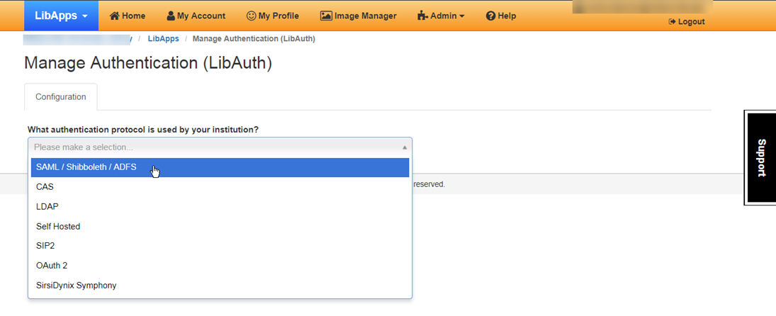 Drop-down selector labeled 'What authentication protocol is used by your institution'. The options are 'SAML, Shibboleth, ADFS' (which is highlighted), 'CAS', 'LDAP', 'Self Hosted', 'SIP2', 'OAuth 2' and 'SirsiDynix Symphony'.