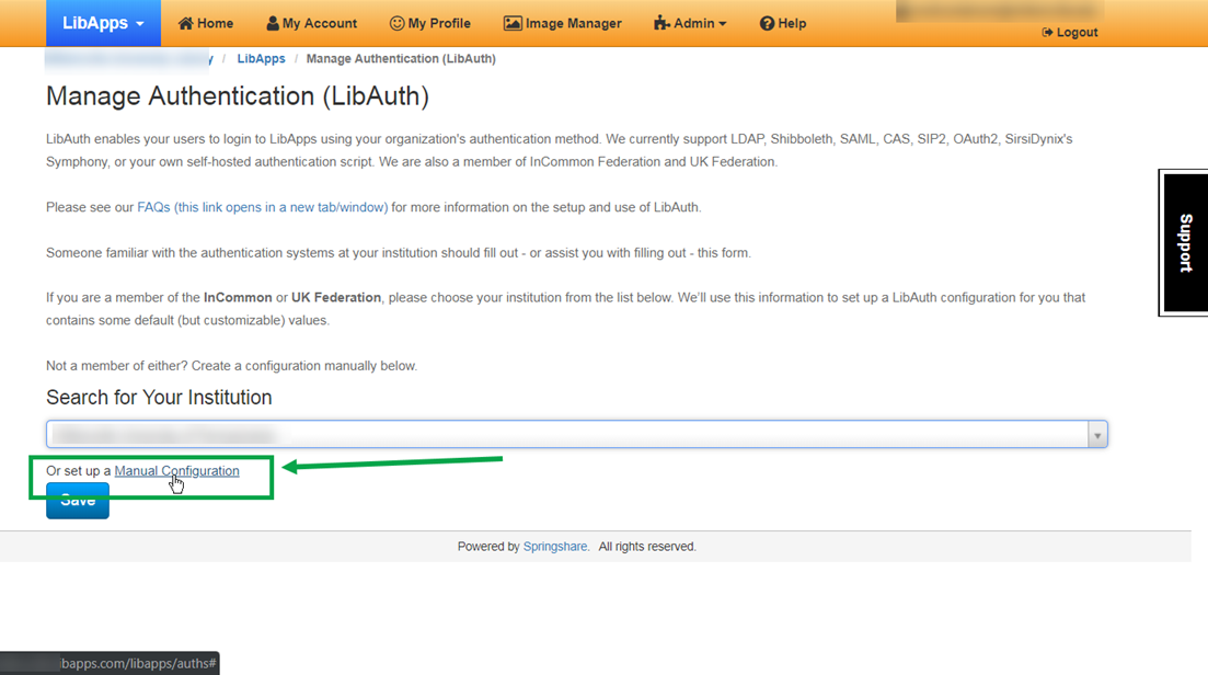 Page titled 'Manage Authentication (LibAuth)'. Following introductory text are the options 'Search for your institution'  or 'Set up a manual configuration'. 'Set up a manual configuration' is highlighted.