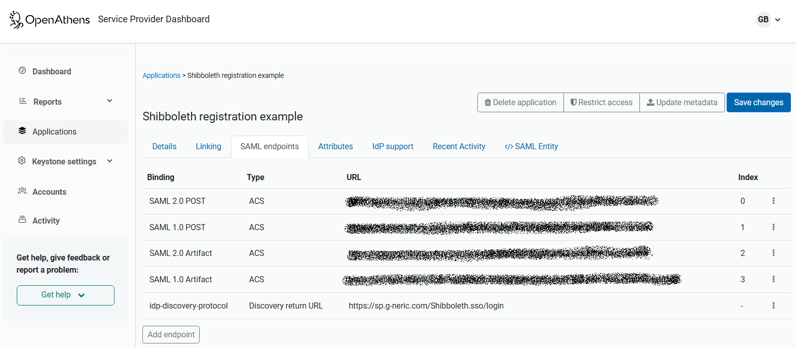 List of SAML endpoints, now with a newly added endpoint of the type 'Discovery return URL'. Above the list is a button labeled 'Save changes'.