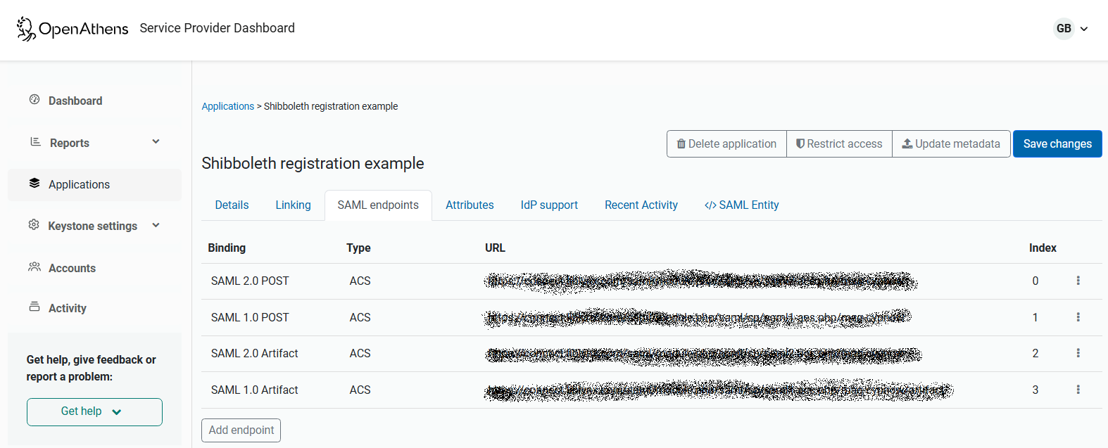 'SAML endpoints' tab of an application, showing a list of existing endpoints and a button labeled 'Add endpoint'.