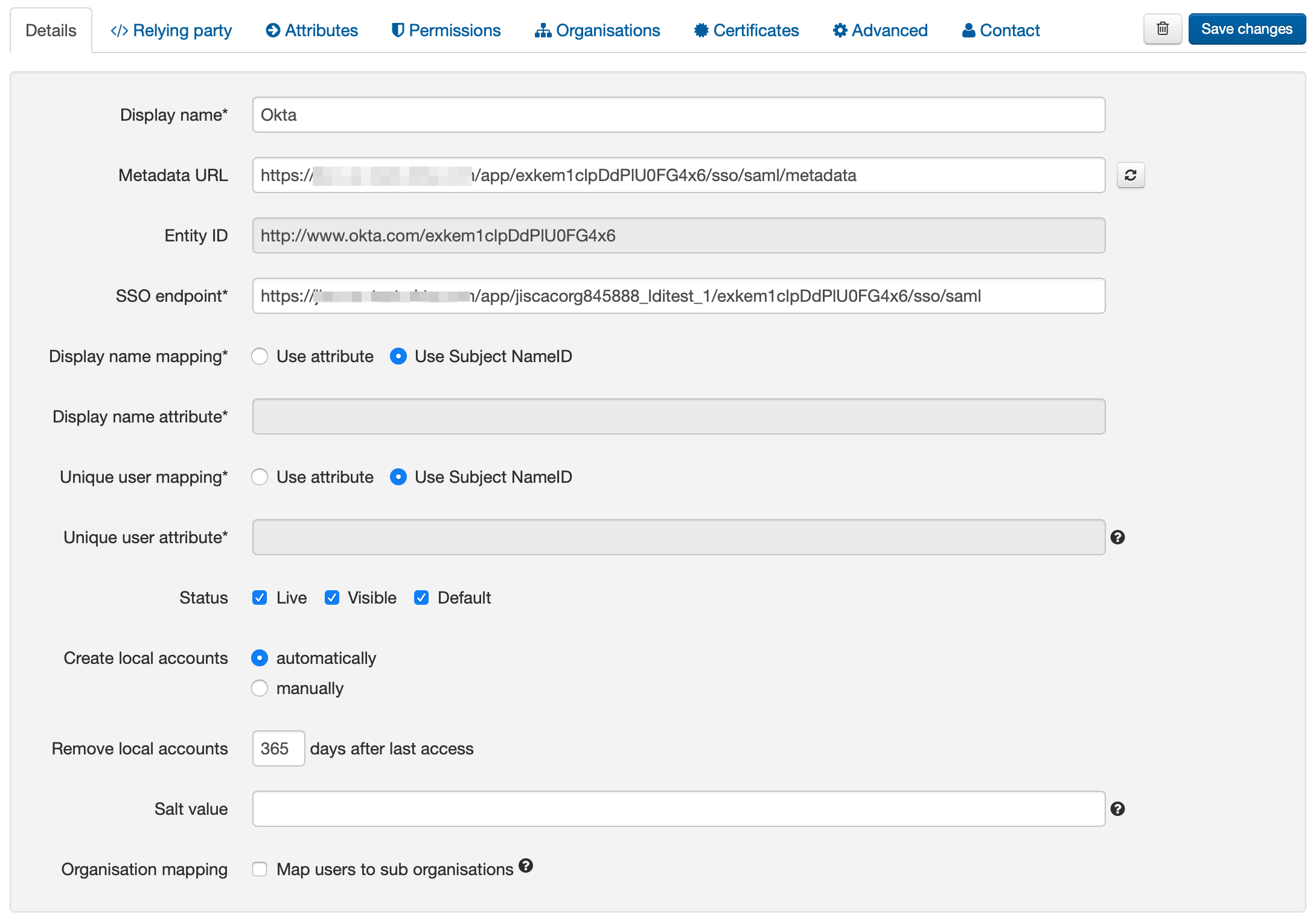 Details tab of the new connection, which has the display name 'Okta'. Other configuration settings are 'Metadata URL', 'Entity ID', 'SSO endpoint', 'Display name mapping', 'Display name attribute', 'Unique user mapping', Unique user attribute', 'Status', 'Create local accounts', 'Remove local accounts', 'Salt value' and 'Organization mapping'.