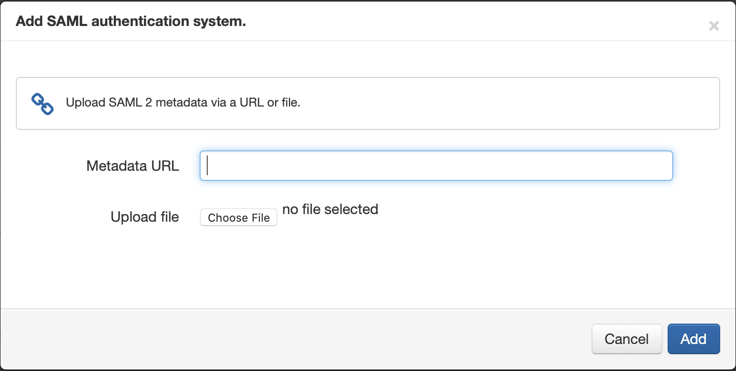Pop-up window titled 'Add SAML authentication system'. Following the heading 'Upload SAML 2 metadata via a URL or file' are a text field labeled 'Metadata URL' and a button to upload a file. At the bottom of the window are buttons labeled 'Add' and 'Cancel'.