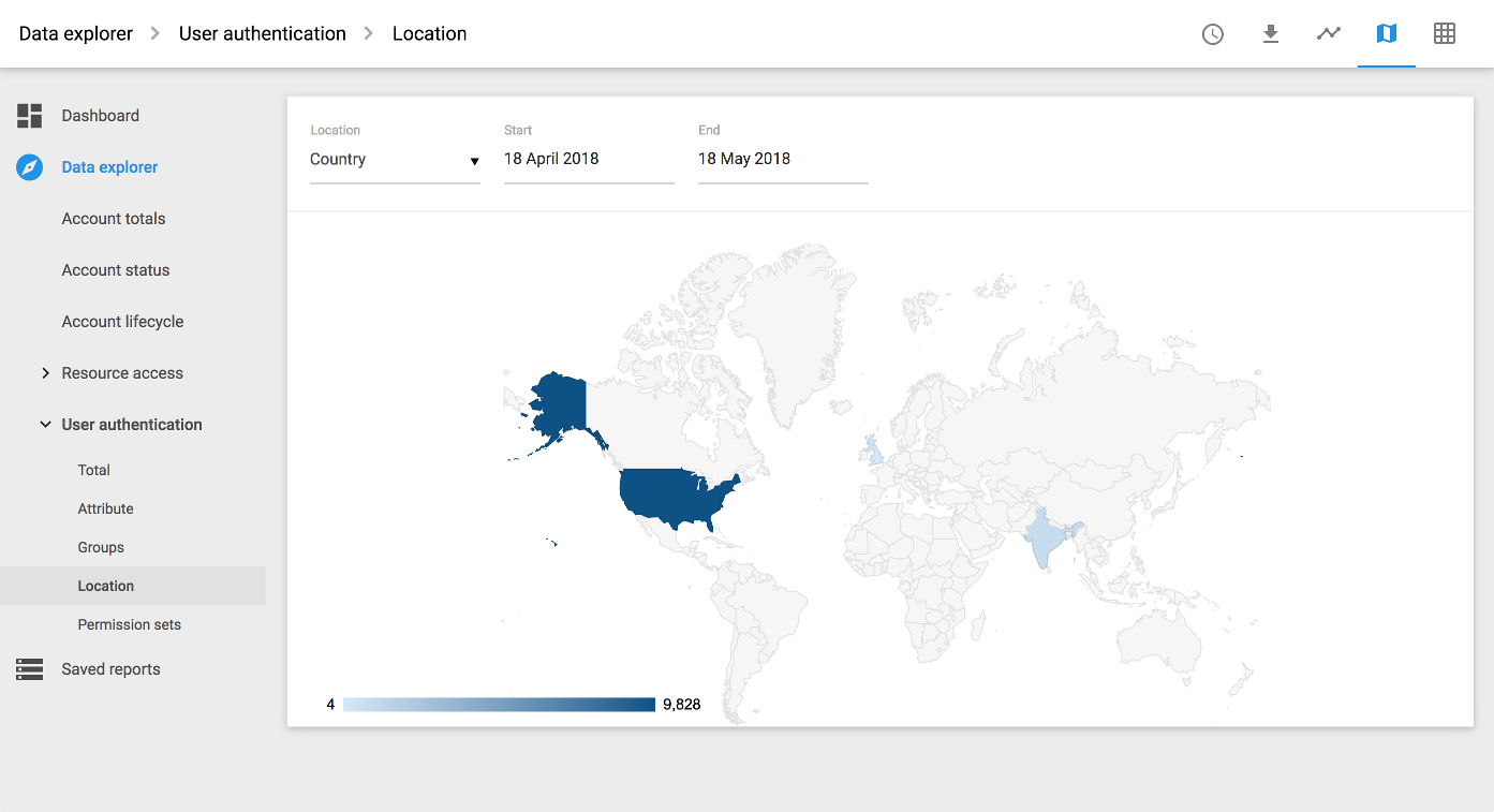 World map, showing activity by country between 18 April 2018 and 18 May 2018. Countries on the map are shaded from light to dark depending on the level of activity.