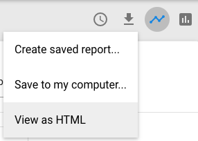 'Save report' submenu, showing the options 'Create saved report', 'Save to my computer' and 'View as HTML'.
