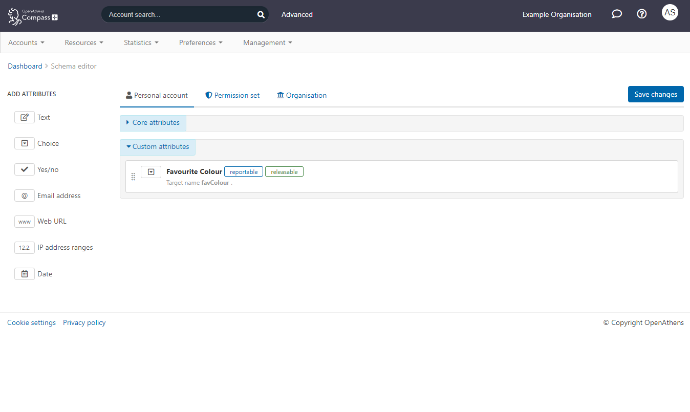 List of attributes, showing 'favourite color' saved as a custom attribute. The new attribute is marked as reportable and releasable.