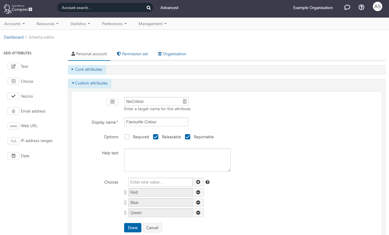 Custom attributes area, in which someone is editing a new  choice attribute called 'favorite color' with the possible values of 'red', 'blue' and 'green'. The attribute can also be customized with help text and can be made required, releasable or reportable.