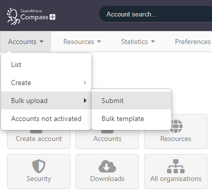 Main menu, in which 'Accounts' is expanded to show the submenu options 'List', 'Create', 'Bulk uploads' and 'Accounts not activated'. 'Bulk upload' has focus, showing the further options 'Submit' and 'Bulk template'.