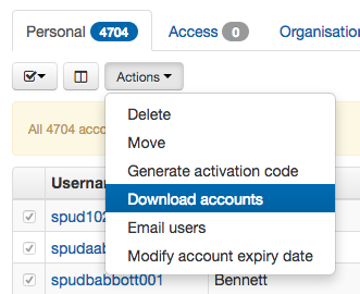 List of accounts, in which several accounts are ticked. The Actions menu is expanded to show available actions. The action 'Download accounts' is highlighted.