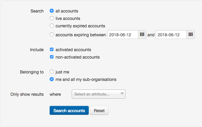 Options for searching accounts, including filtering by live or expired status, by activation status, by attribute, or by who owns them (either 'just me' or 'me and all my sub-organizations').