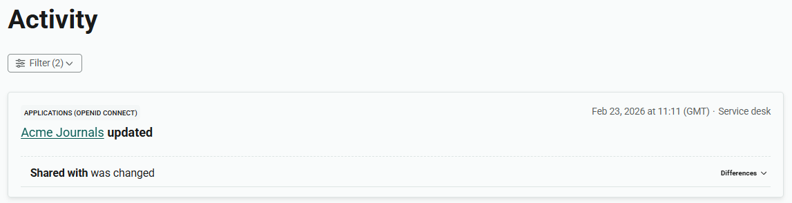 Top of the activity list. Following the heading 'Activity', the Filter panel is shown in its collapsed state. The label 'Filter' is followed by the number 2 in brackets.