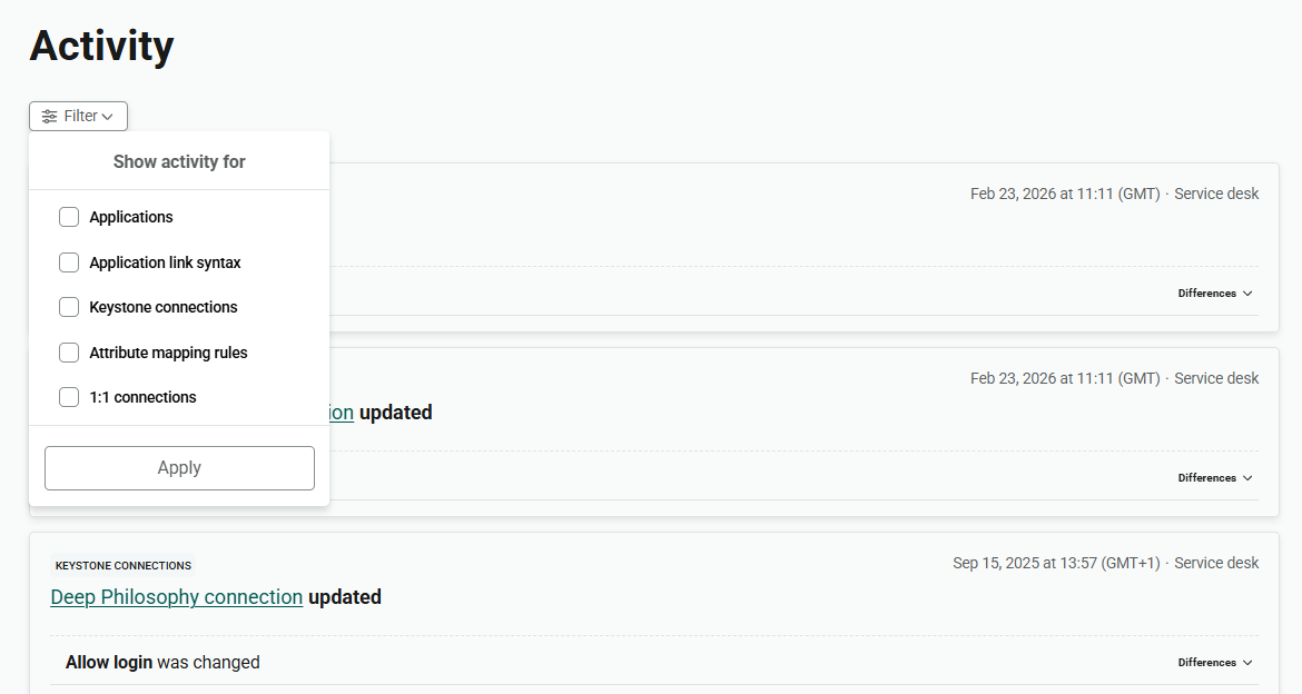 Filter panel, open to show filtering options. The panel is headed 'Show activity for', followed by the options 'Applications', 'Application link syntax', 'Keystone connections', 'Attribute mapping rules' and '1 to1 connections'. At the bottom of the panel is a button labeled 'Apply'.