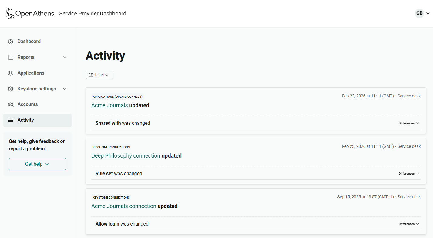 Activity log, showing a list of actions in reverse chronological order with the most recent first.