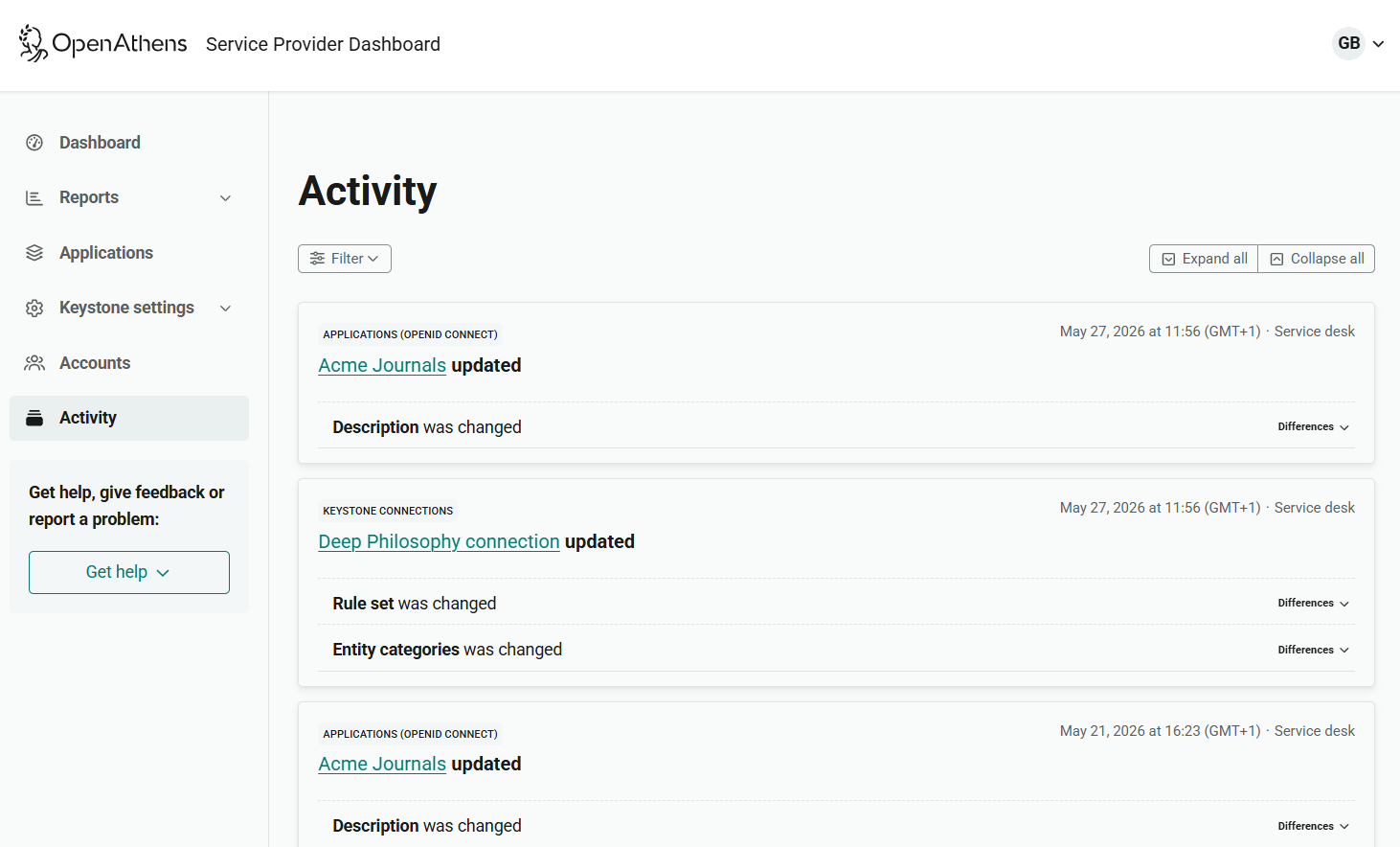 Activity log, showing a list of actions in reverse chronological order with the most recent first. Above the list are a drop-down menu labeled 'Filter' and buttons labeled 'Expand all' and 'Collapse all'.