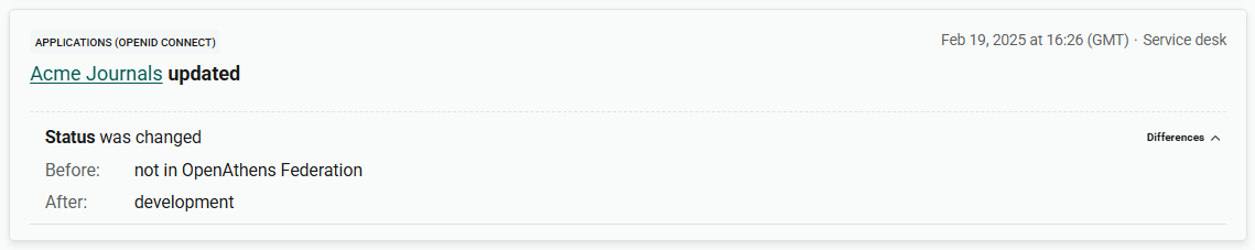 Record of the action 'Acme Journals updated'. The 'Differences' section has been expanded. Following the description 'Status was changed', there is now the additional information 'Before - not in OpenAthens Federation. After - development'.