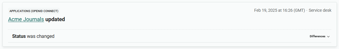 Record of an individual action related to an application, titled 'Acme Journals updated'. Following the title is the description 'Status was changed'. There is also an expandable section labeled 'Differences', which is not expanded.