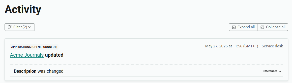 Top of the activity list. Following the heading 'Activity', the Filter panel is shown in its collapsed state. The label 'Filter' is followed by the number 2 in brackets.