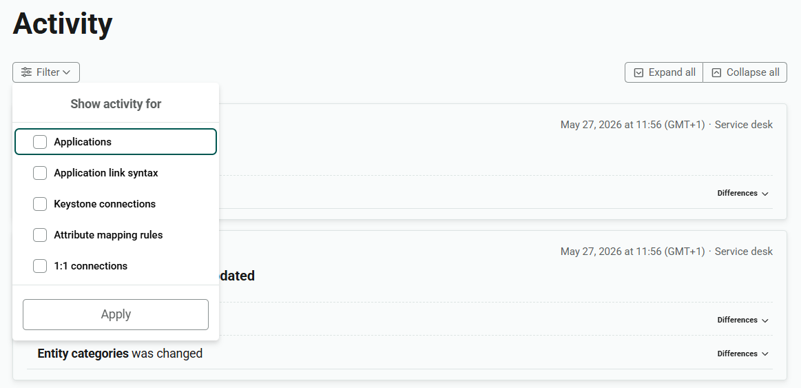 Filter panel, open to show filtering options. The panel is headed 'Show activity for', followed by the options 'Applications', 'Application link syntax', 'Keystone connections', 'Attribute mapping rules' and '1 to1 connections'. At the bottom of the panel is a button labeled 'Apply'.