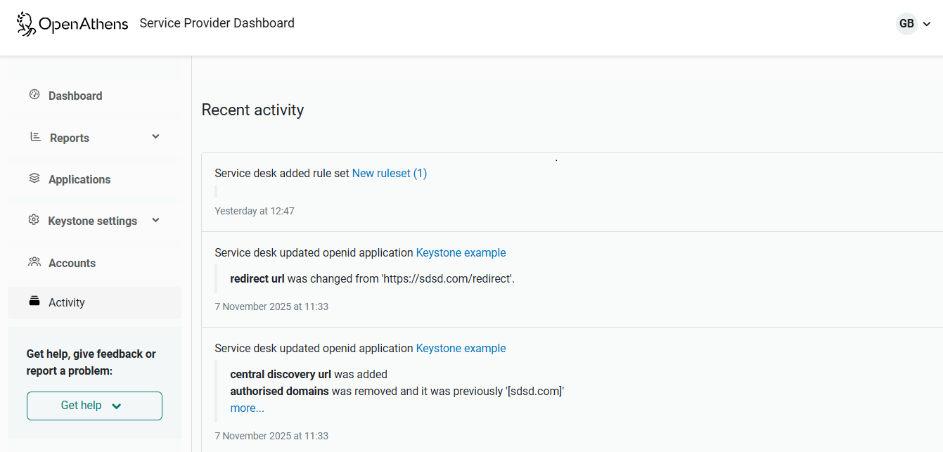 Recent activity log, showing a list of actions in reverse chronological order with the most recent first.