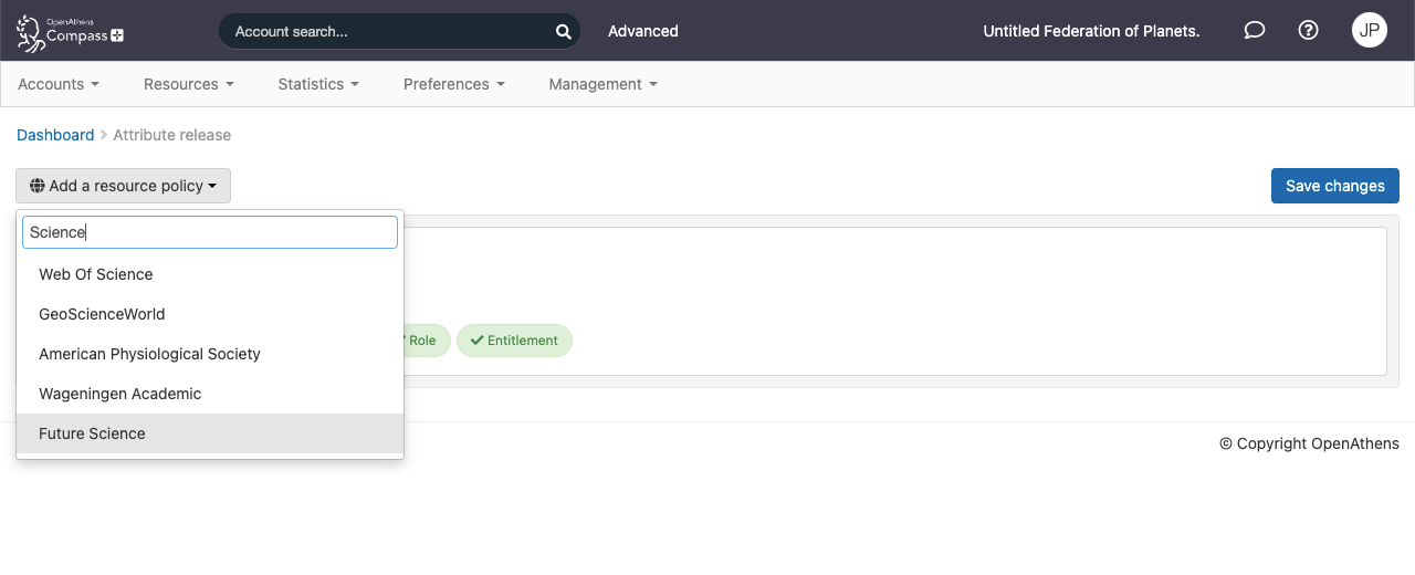 Screenshot of the attribute release page. The button 'Add a resource policy' has been clicked, opening an overlay that contains a search field and a list of suggested resources. The term 'science' is entered in the search field.