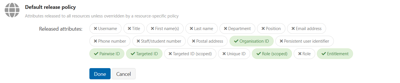 Screenshot. Editable list of attributes, showing attributes released (and those not currently released) under the default release policy. The release attributes are 'Organisation ID', 'Pairwise ID', 'Targeted ID', 'Role (scoped)' and 'Entitlement'. The user can select or deselect attributes. Following the list are buttons labeled 'Done' and 'Cancel'.