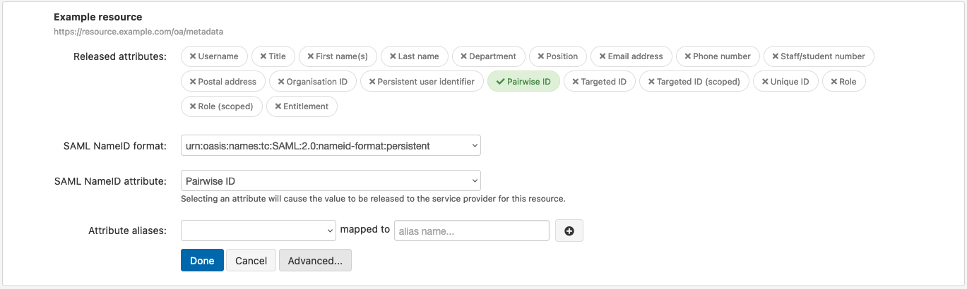 Screenshot - editable attrbute configuration for a resource called 'Example resource'. In the list of released attributes, only 'Pairwise ID' is selected. Following the list are several other fields, 'SAML NameID format', 'SAML nameID attribute', and 'Attribute aliases'. There are also buttons labeled 'Done', 'Cancel' and 'Advanced'.