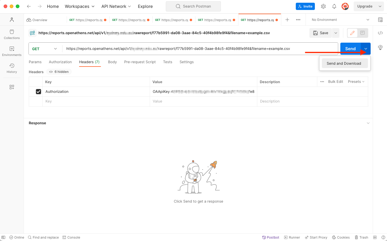 Postman workspace. Following the GET field, which contains the target URL, is a button marked 'Send' that includes a drop-down arrow. The arrow has been clicked, showing the additional option 'Send and Download'.