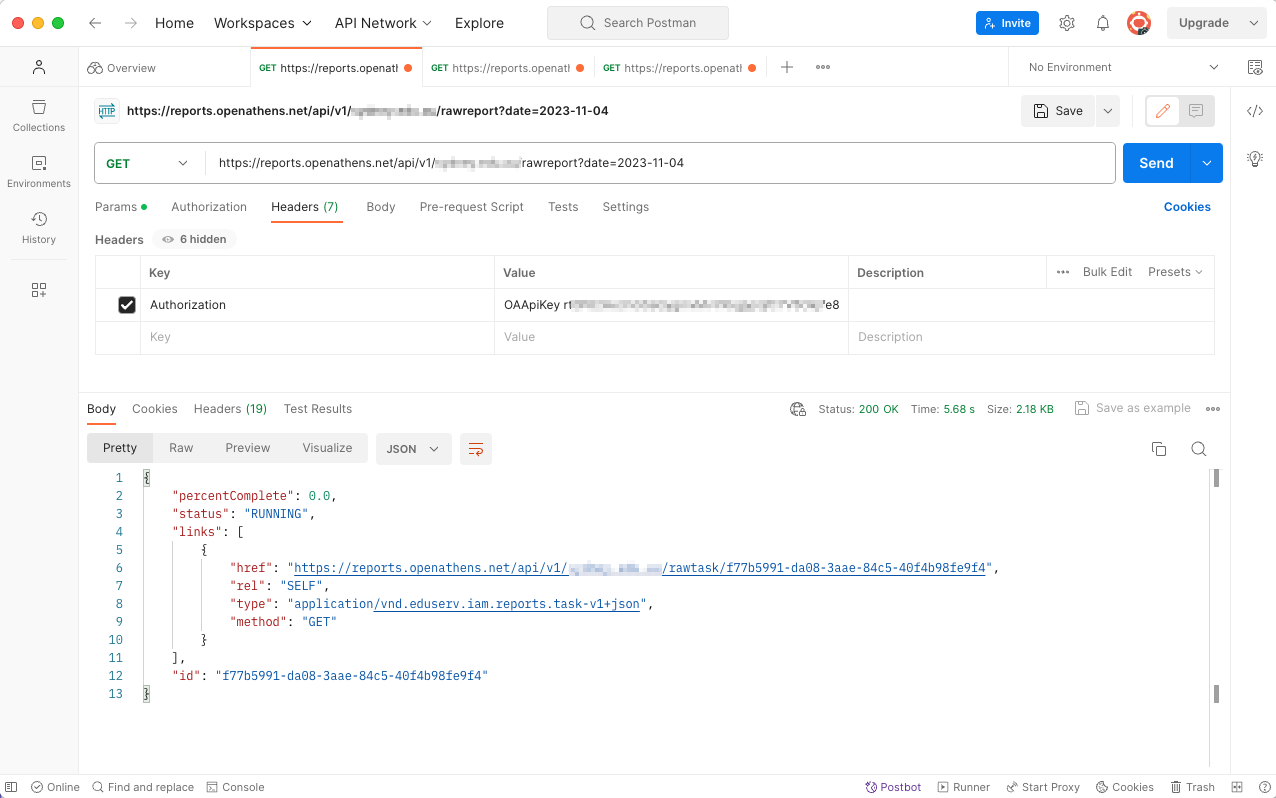 Postman workspace, open at the Headers tab. A table shows specified keys and their values. A key named 'Authorization' is set to a value that has the prefix 'OA' (most of the rest is blacked out).