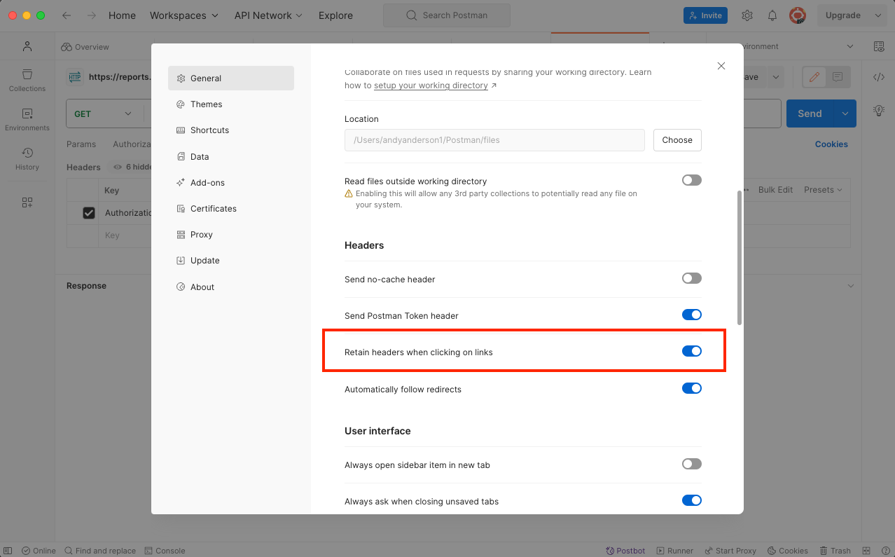 Pop-up window showing general settings for Postman. One option, highlighted, is 'Retain headers when clicking on links'. This setting can be toggled on or off.