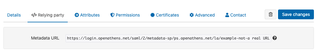 'Relying party' tab, showing a field named 'Metadata URL'. This field contains an example URL.