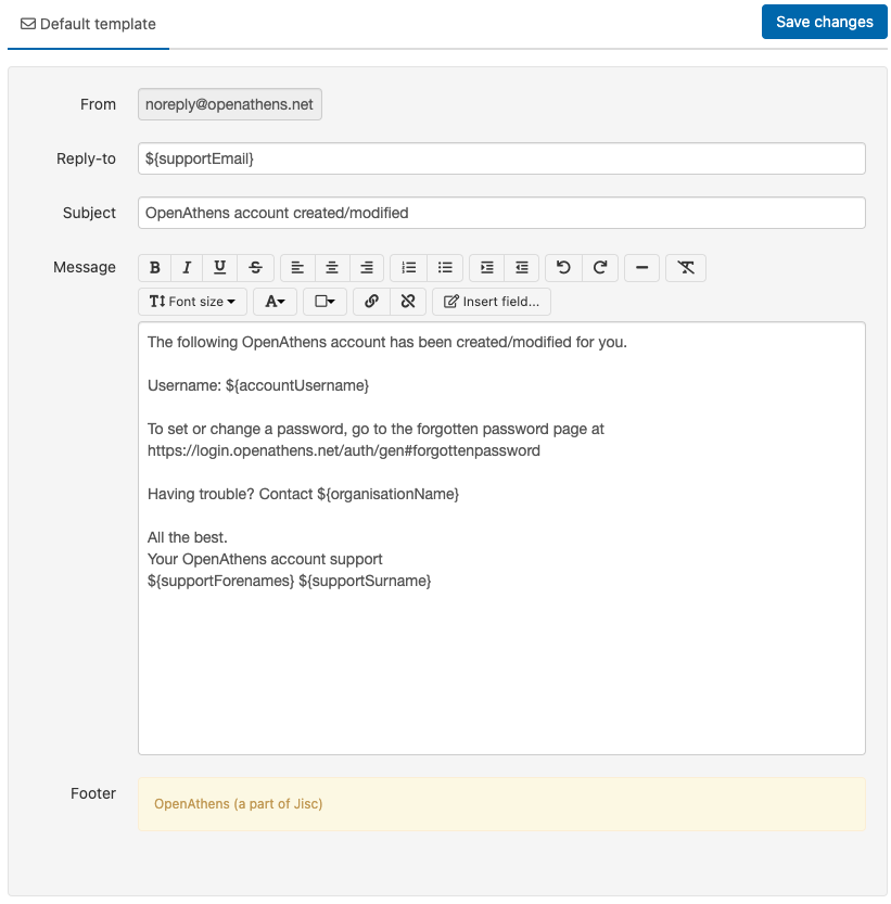 Default 'From' field (not editable), 'Reply-to' field, subject line, message text, and footer (not editable) of the 'Account created (password)' email template.