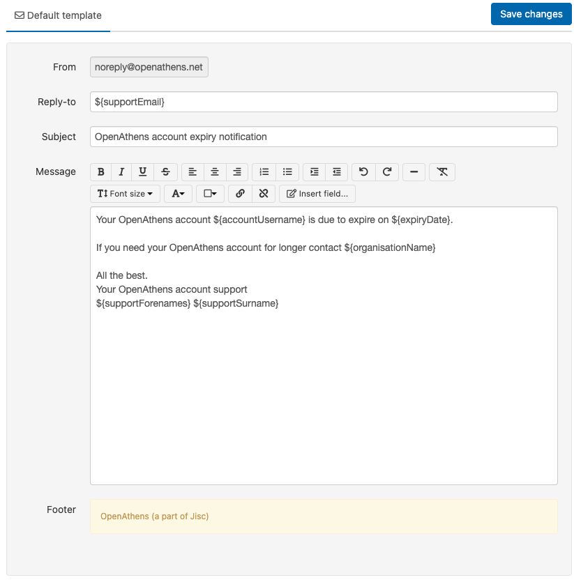 Default 'From' field (not editable), 'Reply-to' field, subject line, message text, and footer (not editable) of the 'Account expiring' email template.