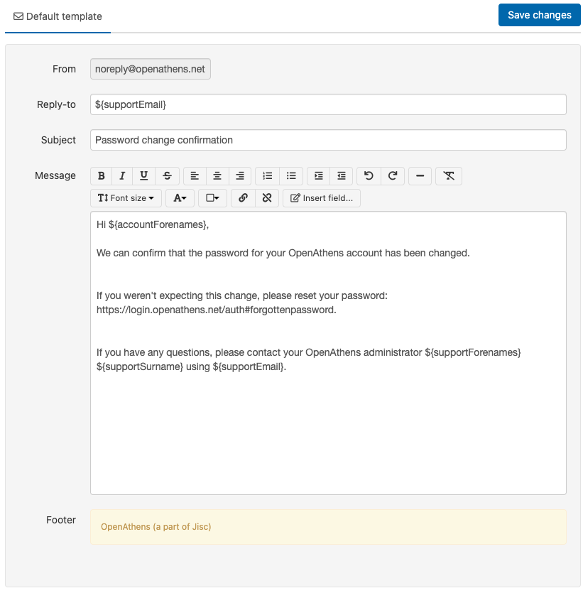 Default 'From' field (not editable), 'Reply-to' field, subject line, message text, and footer (not editable) of the 'Password change confirmation' email template.