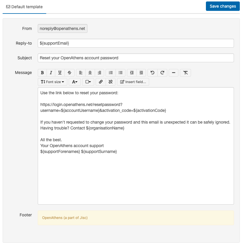 Default 'From' field (not editable), 'Reply-to' field, subject line, message text, and footer (not editable) of the 'Reset password' email template.