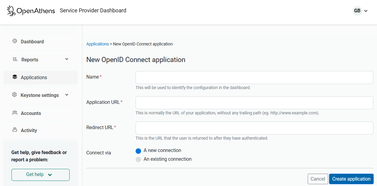 Form for creating a new OpenID Connect application. There are three mandatory input fields labeled 'Name', 'Application URL' and 'Redirect URL'. There is also an option to 'Connect via' 'A new connection' or 'An existing connection'. At the bottom of the page are buttons labeled 'Create application' and 'Cancel'.