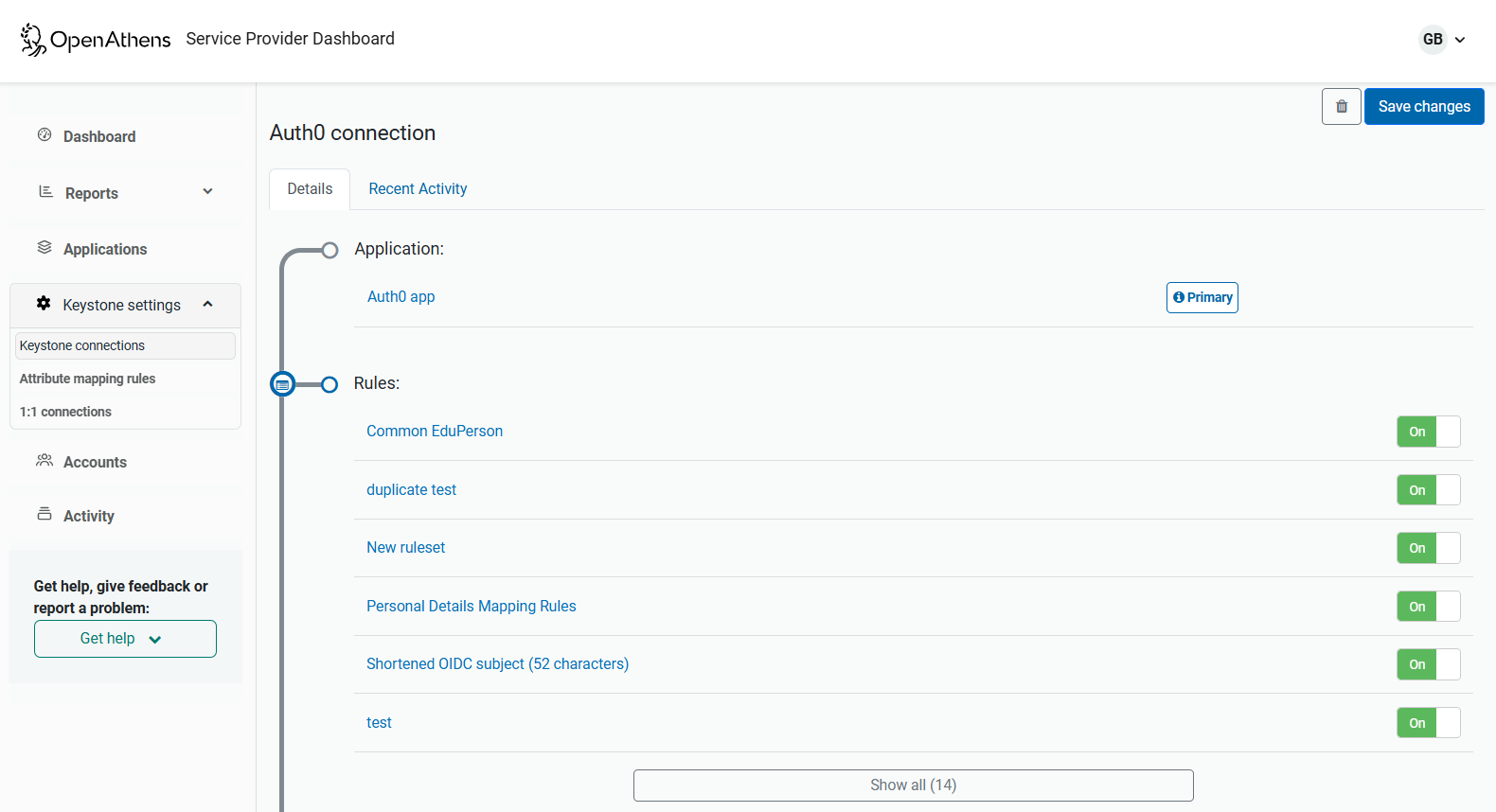 Details tab of a connection called 'Auth0 connection'. It shows a partial list of rules, including 'Shortened OIDC subject (52 characters)', and the option to 'show all' rules. Each rule can be switched on or off. At the top of the page is a button labeled 'Save changes'.