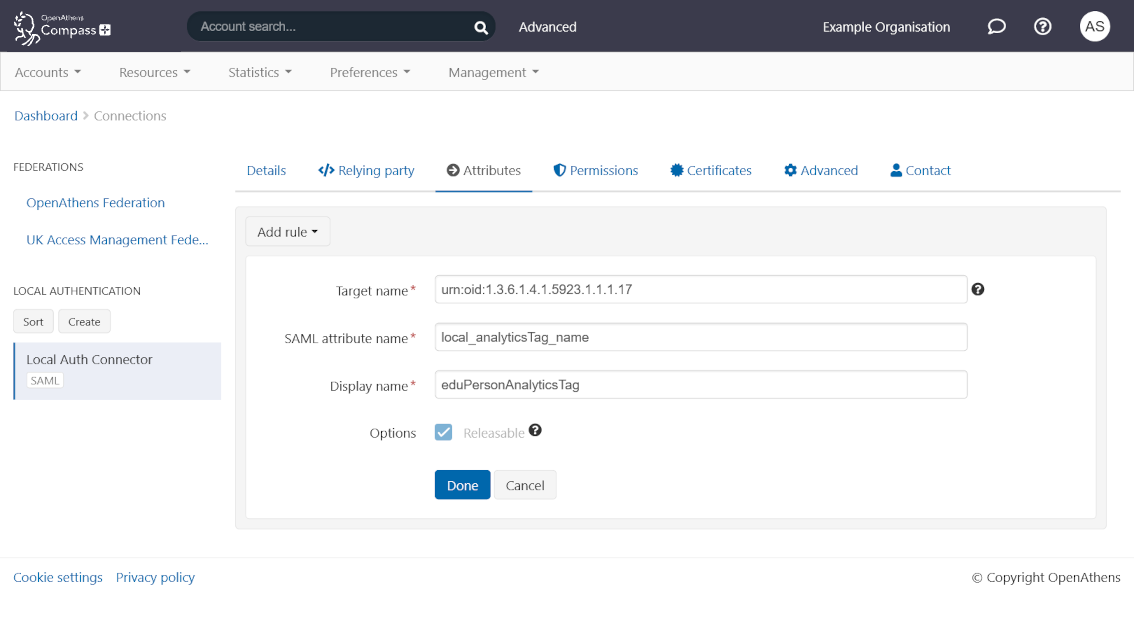 Attributes tab of a local connector, showing options for configuring a rule. There are text fields labeled 'Target name', 'SAML attribute name' and 'Display name', and a check box labeled 'Releasable'. Following these fields are buttons labeled 'Done' and 'Cancel'.