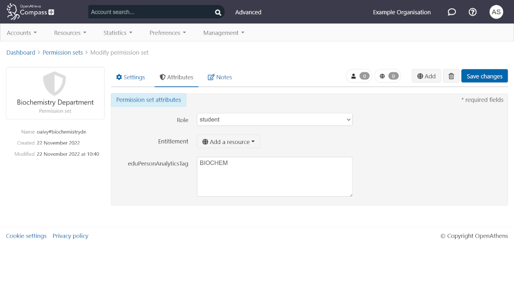 Attributes tab of a permission set called 'Biochemistry Department'. There is a drop-down list called 'Role', which is set to 'student', a field called 'Entitlement' that takes a resource, and a large text field called 'eduPersonAnalyticsTag' which contains the value 'Biochem'. At the top of the page is a button labeled 'Save changes'.