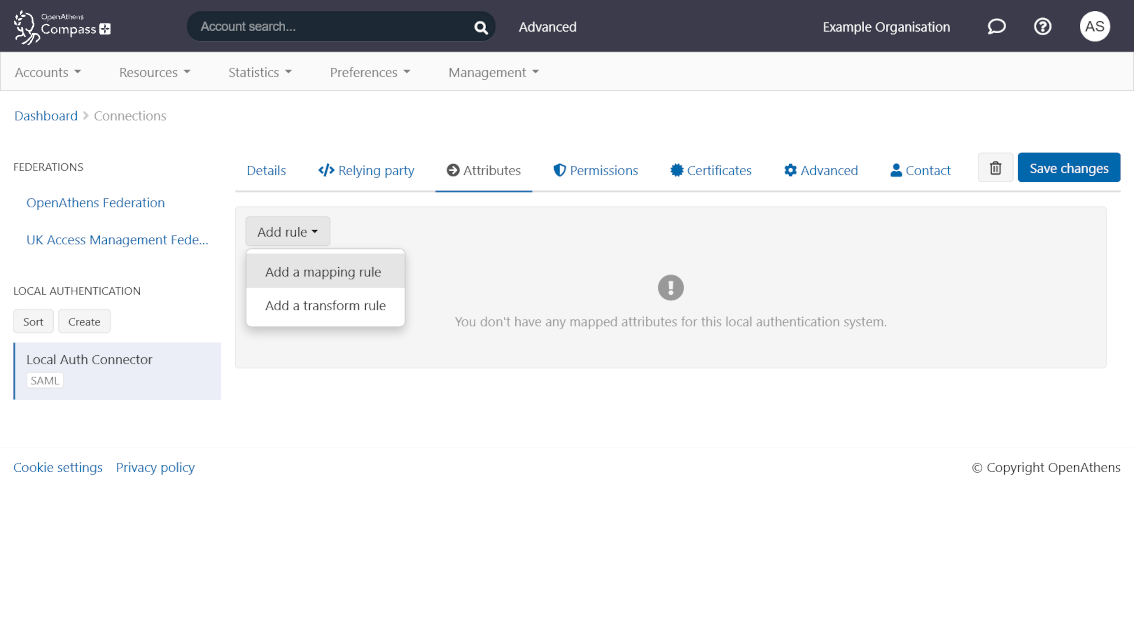 Attributes tab of a local connector. There are no existing mapping rules. The option to add a new mapping rule is highlighted.