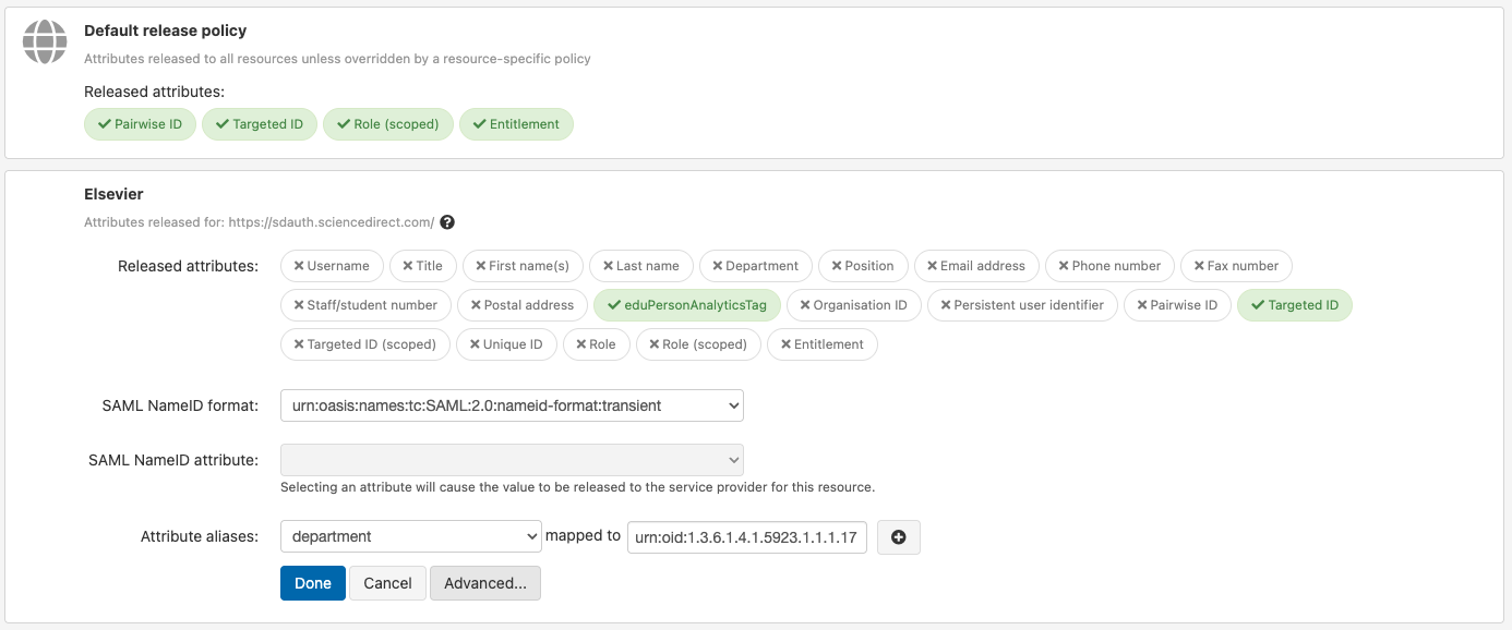 List of attributes in a custom release policy, followed by advanced editing options - 'SAML NameID format', 'SAML NameID attribute' and 'Attribute aliases'. Following these controls are buttons labeled 'Done', 'Cancel' and 'Advanced'.